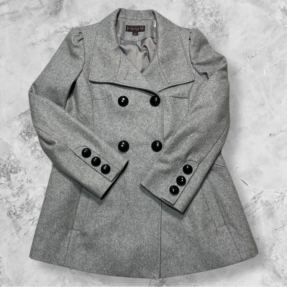 Double Breasted Pea Coat Grey Wool Black Buttons Size L M. Julian